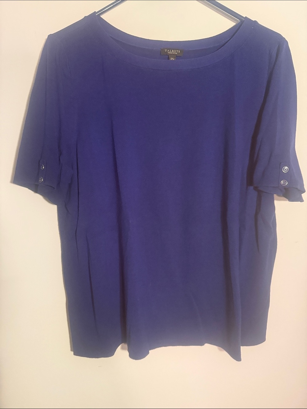Talbots Royal Blue Short Sleeve Crewneck Top with Button Tab Sleeves